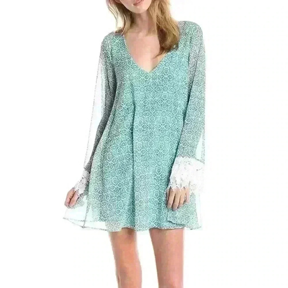 Show Me Your Mumu Portabella Dress Womens Small Turquoise Bell Sleeve Crochet - Picture 1 of 9